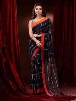 CHARUKRITI - Black Cotton Handspun Checkered Dual Borders Saree with Unstitched Blouse