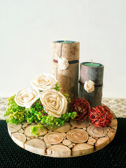 Forestkraft - Multi-Color Elegant Candle Holders with Wooden Base, Floral Bunch & Bruce Balls