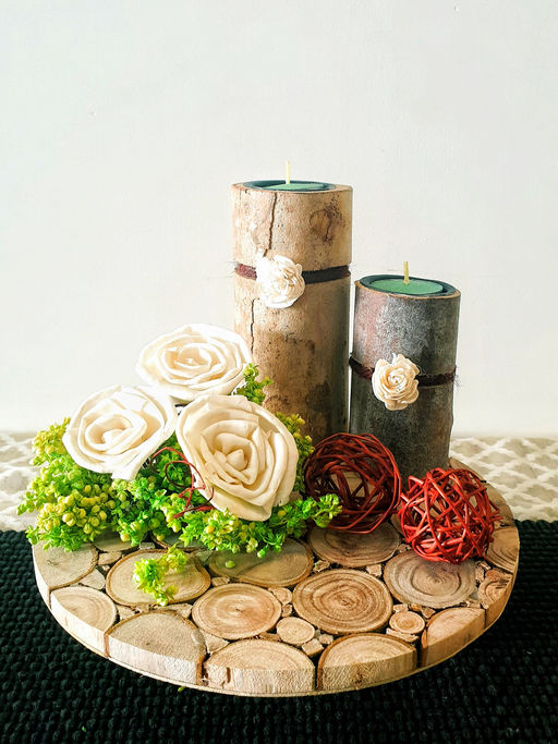 Forestkraft Multi-Color Elegant Candle Holders with Wooden Base, Floral Bunch & Bruce Balls