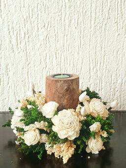 Forestkraft - White Floral Wood Candle Holder with Floral Wreath