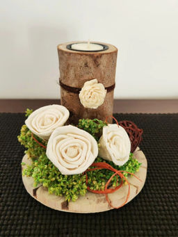 Forestkraft - Multi-Color Elegant Candle Holder with Wooden Base, Floral Bunch & Bruce Ball