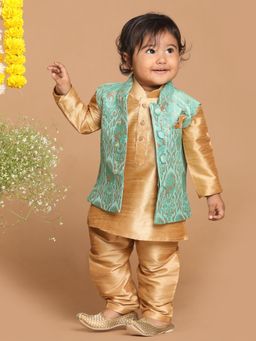 Vastramay - Infant Boys Green Silk Blend Jacket, Kurta and Pyjama