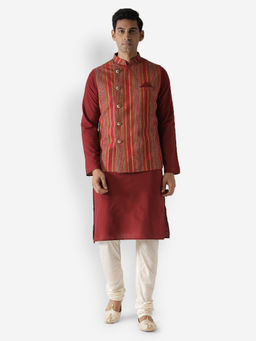 KISAH - Men Maroon Kurta Jacket (Set of 3)