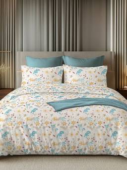 House of Owlet - White & Blue 144TC 100% Cotton Flat superking Bedsheet with 2 Pillow Covers
