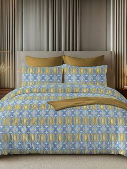 House of Owlet - Blue & Mustard 144TC 100% Cotton Superking Bedsheet with 2 Pillow Covers