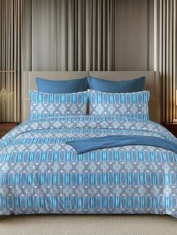 House of Owlet - Blue & Grey 144TC 100% Cotton Superking Bedsheet with 2 Pillow Covers