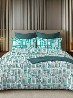 House of Owlet - White & Green 144TC 100% Cotton Superking Bedsheet with 2 Pillow Covers