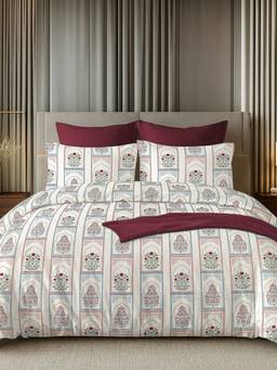 House of Owlet - White & Purple 144TC 100% Cotton Superking Bedsheet with 2 Pillow Covers