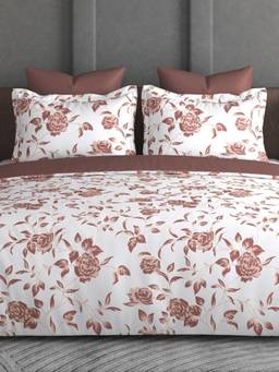 House of Owlet - White & Brown Floral 600Tc Bedsheet with 2 Pillow Covers (Super King)