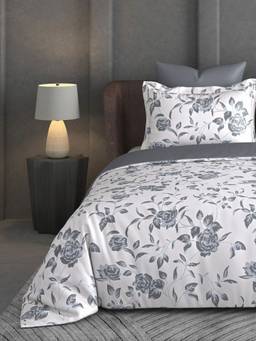 House of Owlet - White & Grey Floral 600Tc Bedsheet with 2 Pillow Covers (Super King)