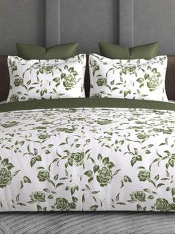 House of Owlet - White & Green Floral 600Tc Bedsheet with 2 Pillow Covers (Super King)