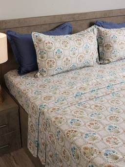 House of Owlet - Blue Botanical Trellis 210TC Cotton Superking Bedsheet with 2 Pillow Covers