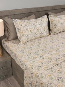 House of Owlet - Light Grey Botanical Trellis 210TC Cotton Superking Bedsheet with 2 Pillow Covers
