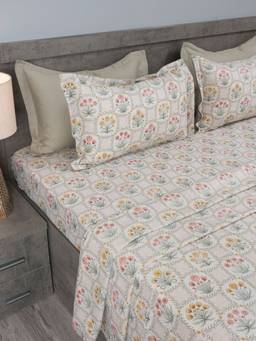 House of Owlet - Pink Botanical Trellis 210TC Cotton Superking Bedsheet with 2 Pillow Covers