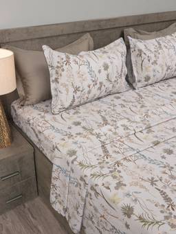 House of Owlet - Light Grey Nature Sketch 210TC Cotton Superking Bedsheet with 2 Pillow Covers