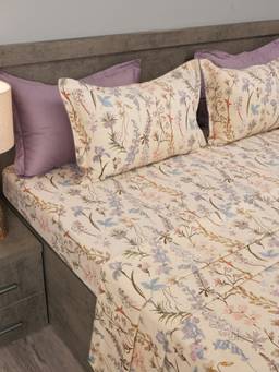 House of Owlet - Blue Nature Sketch 210TC Cotton Superking Bedsheet with 2 Pillow Covers