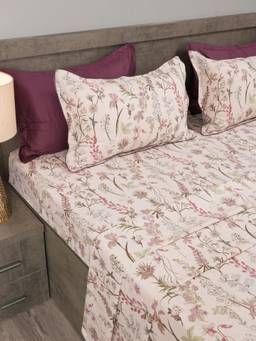 House of Owlet - Pink Nature Sketch 210TC Cotton Superking Bedsheet with 2 Pillow Covers