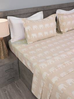 House of Owlet - Beige Mandala Elephant 210 TC 100% Cotton Superking Bedsheet with 2 Pillow Covers