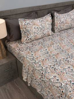 House of Owlet - Grey Bohemian Paisley 210 TC 100% Cotton Superking Bedsheet with 2 Pillow Covers