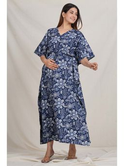 Sevya by Pranali Mittal - Navy Blue Floral Maternity Kaftan Night Dress (Free Size)