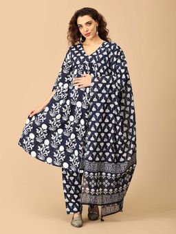 The Mom Store - Navy Blue Printed Maternity Kurta with Pant and Dupatta (Set of 3)