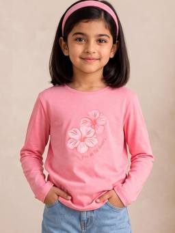 Campana - Girls Pure Cotton Full Sleeves Floral Print T-shirt - Pink