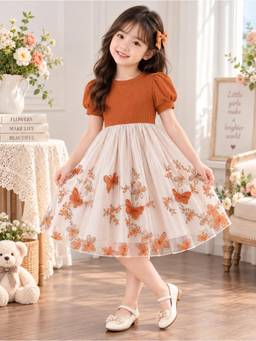 TIOR - Girls Butterfly Print Party Dress with Puff Sleeves and Tulle Skirt
