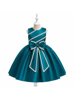 TIOR - Girls Satin Party Dress with Bow and Embellished Border - Princess Style