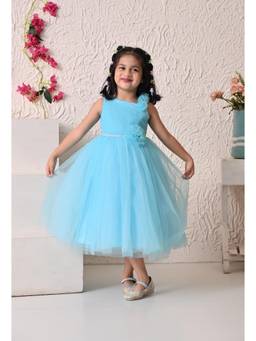 Blabber - Woven Mesh Sleeveless Sequins Floral Applique Detailed Mid Dress - Sky Blue