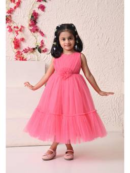 Blabber - Woven Mesh Sleeveless Sequins Floral Applique Detailed Mid Dress - Fuchsia