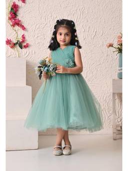 Blabber - Woven Mesh Sleeveless Sequins Embellished Floral Mid Dress - Green