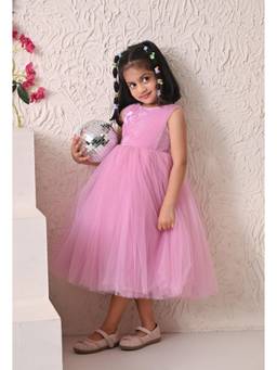 Blabber - Woven Mesh Sleeveless Sequins Embellished Floral Mid Dress - Pink