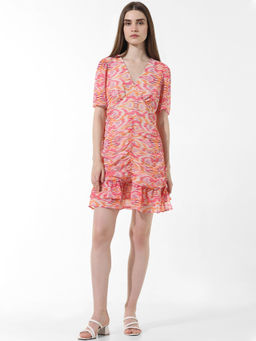 ONLY - Pink Abstract Print Gathered Dress