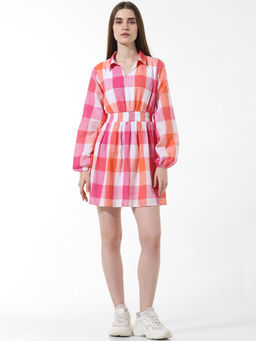 ONLY - Pink Check Print Mini Dress