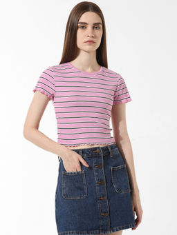 ONLY - Pink Striped Ribbed T-Shirt