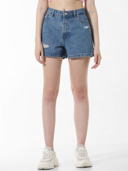 ONLY - Blue Mid Rise Distressed Denim Shorts