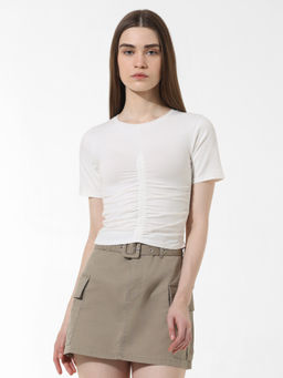 ONLY - White Ruched Fitted T-Shirt