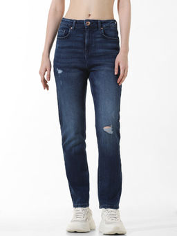 ONLY - Dark Blue Mid Rise Distressed Slim Jeans