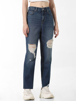 ONLY - Dark Blue Distressed Mom Jeans
