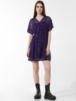 ONLY - Purple Sequin Mesh Wrap Dress