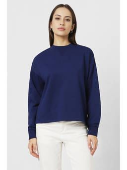 Van Heusen - Women Navy Blue Solid Round Neck Sweatshirt