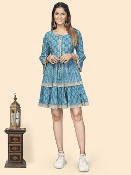 Vbuyz - Womens Printed And Lace Border A-line Cotton Sky Blue Stitched Dress