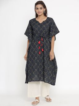 Miravan - Women Blue Floral Flared Sleeves Kaftan Kurta