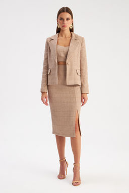 Sateen - Beige Midi Textured Pattern Skirt with Slit