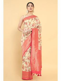 Soch - Women Beige Silk Floral Saree with Unstitched Blouse