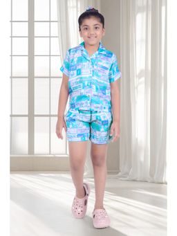 TINY GIRL - Half Sleeves Printed Shirt and Shorts - Blue