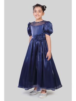 TINY GIRL - Puff Sleeves Solid Corsage Detailed Dress- Navy Blue