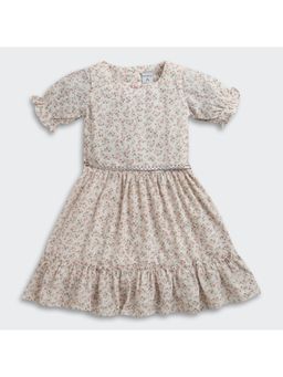 TINY GIRL - Floral Printed Puff Sleeves Dress with Belt- Off White