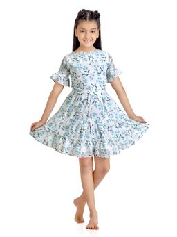 TINY GIRL - Half Sleeves Floral Printed Dress- White