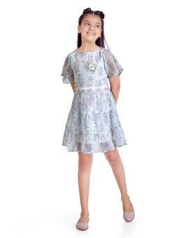 TINY GIRL - Flared Sleeves Floral Printed Dress- Light Blue
